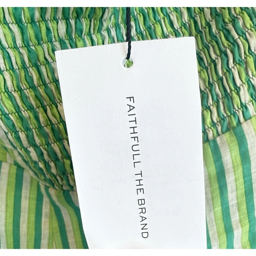 Faithfull The Brand Muthia Mini Dress Womens 8 Green Bau-Bau Stripe Tie Shoulder